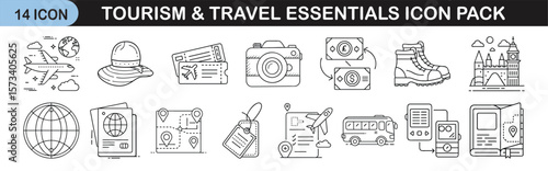 Tourism and Travel Essentials Icon Set for Vacation Planning - Thin-line icon pack of 14 illustrations highlighting travel necessities such as passports, tickets, luggage, transportation, and photogra
