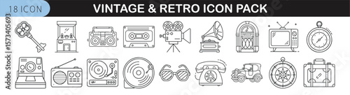 Vintage and Retro Icon Set for Nostalgic Designs - Line icon pack of 18 illustrations showcasing vintage and retro objects like radios, cameras, vinyls, TVs, phones, and classic decor.
