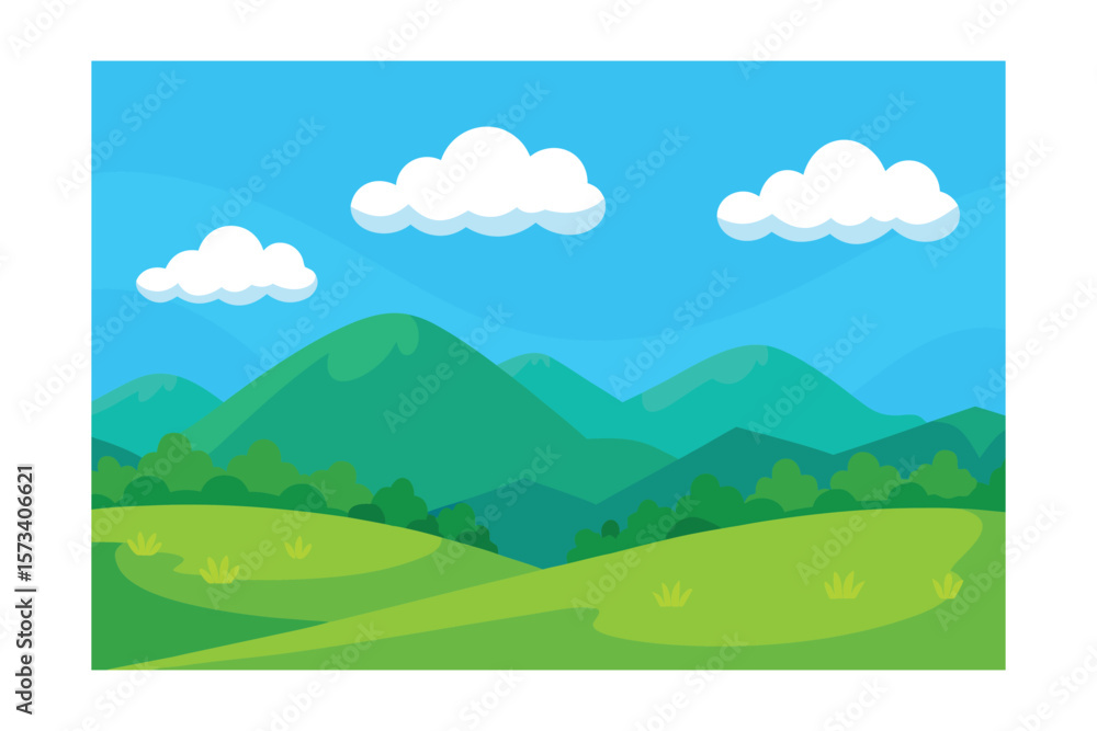 Cartoonish Illustration Of A Green Meadow With Rolling Hills Cartoonish Illustration Of A Green Meadow With Rolling Hills