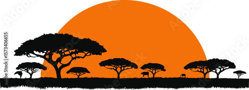 Silhouette of african savanna with trees and animals at sunset, minimal art style
