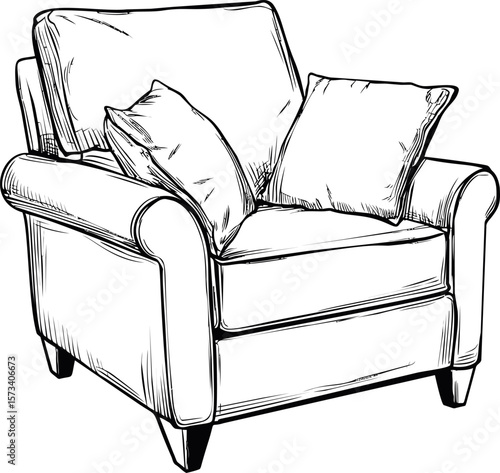 Elegant hand-drawn armchair illustration with cushions in black and white
