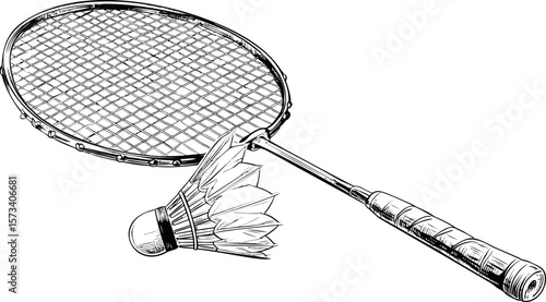 Black and white drawing of badminton racket and shuttlecock