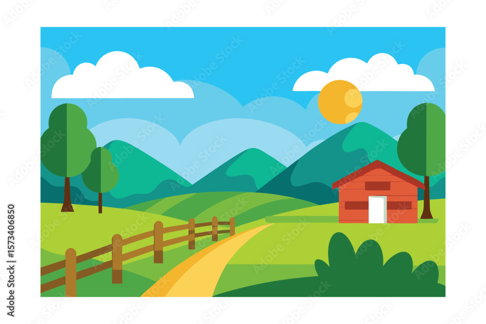 Fototapeta premium Cartoon Landscape Of A Green Pasture With A Dirt Path
