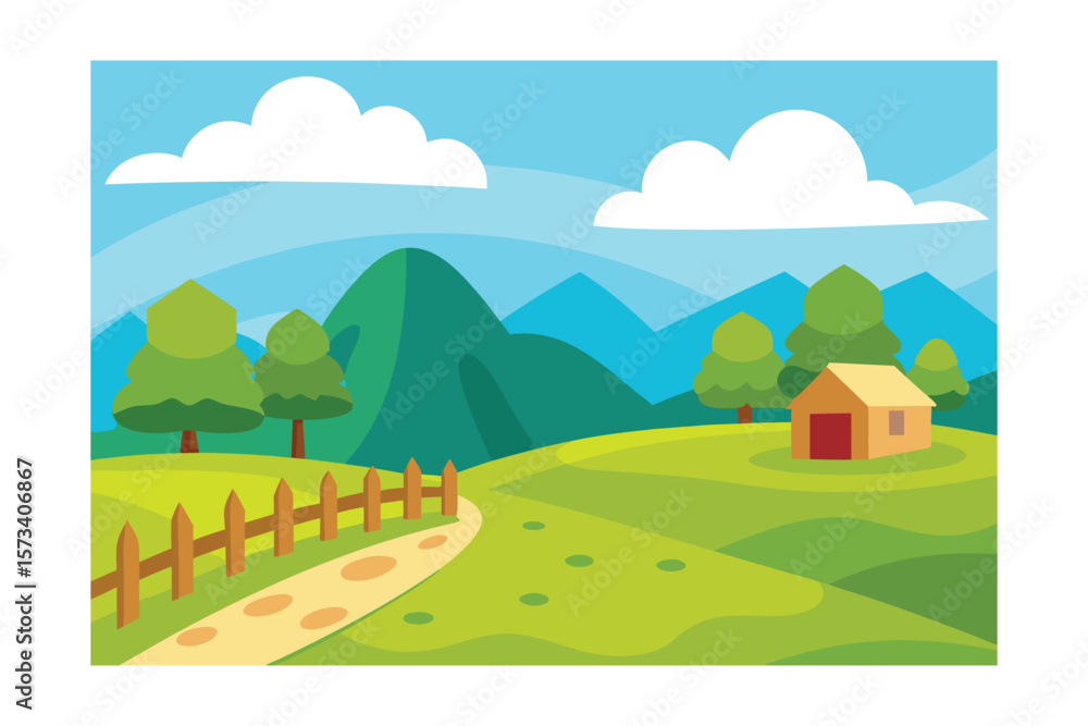 Cartoon Landscape Of A Green Pasture With A Dirt Path Cartoon Landscape Of A Green Pasture With A Dirt Path
