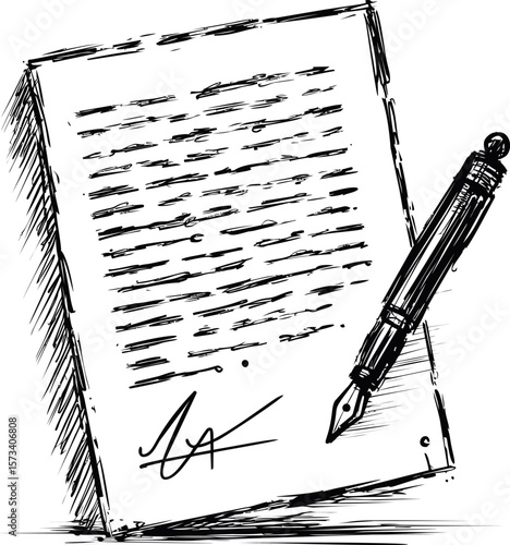 Black and white sketch of a signed document with a fountain pen drawing