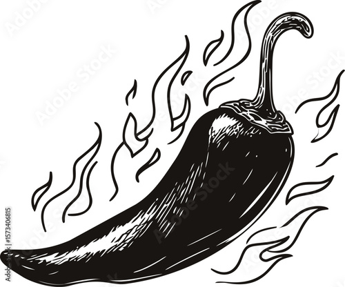 Illustration of a hot chili pepper with flames in black and white sketch style