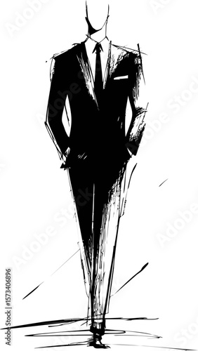 Abstract sketch of a faceless man in a black suit and tie, stylish illustration