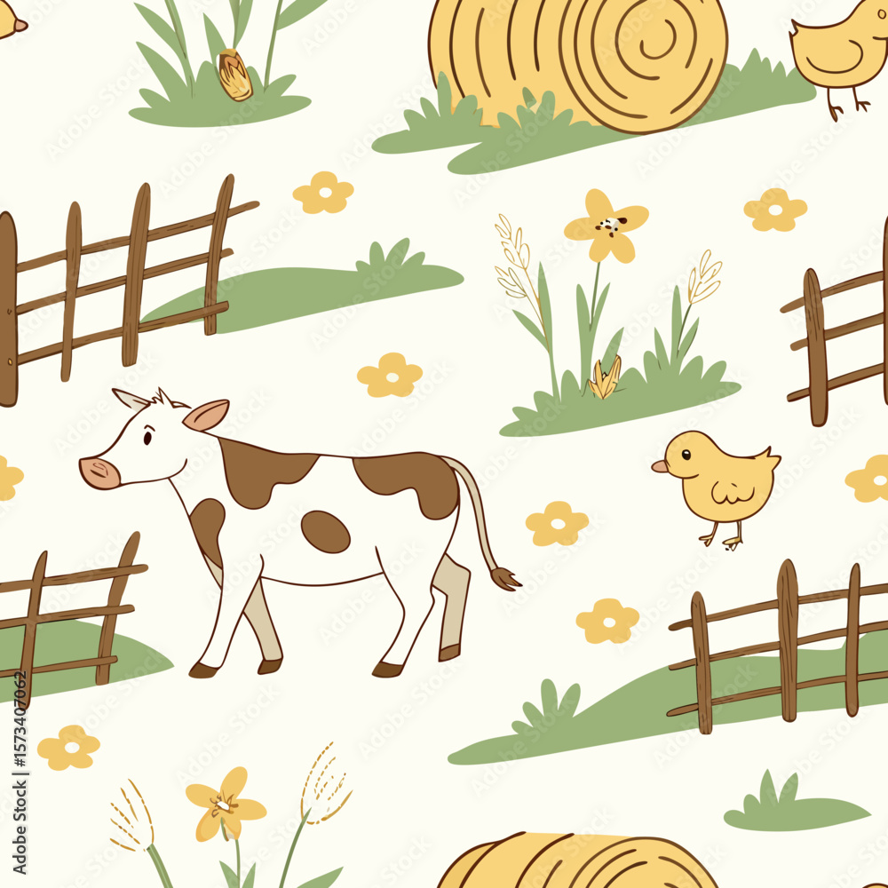 Obraz premium A seamless repeating pattern with cute cows, yellow chicks, hay bales, and picket fences on a pastoral background. Perfect for nursery wallpaper, baby textiles, or farm-themed kids’ products.