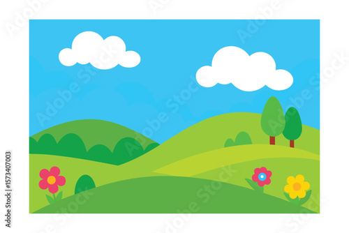 Cartoon Landscape Rolling Green Hills Fluffy White Clouds