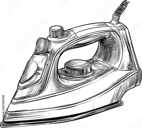 Detailed black and white line drawing of a modern electric steam iron