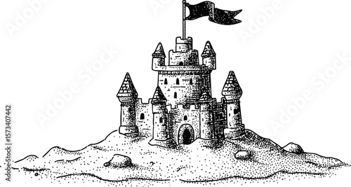 Sandcastle with flag sketched on sandy beach, illustration of coastal creativity