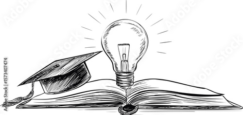 Open book with graduation cap and glowing light bulb symbolizing education