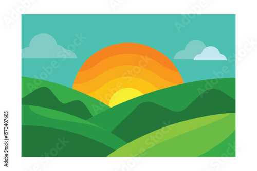Abstract Cartoon Illustration Of Green Hills And Sunny Sky
