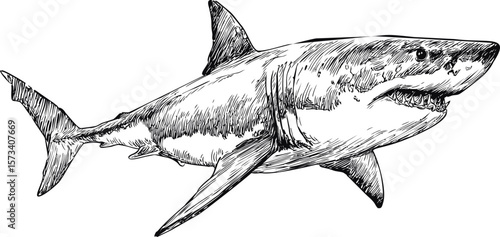 Detailed black and white illustration of a shark swimming in profile view