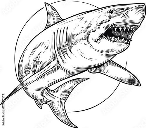 Black and white illustration of a fierce shark with strong lines and details