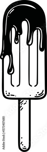 Black and white illustration of a melting popsicle with dripping glaze