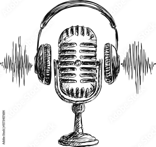 Vintage microphone and headphones with sound waves, sketch style illustration