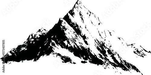 Black and white illustration of a rugged mountain peak with sharp contrasts