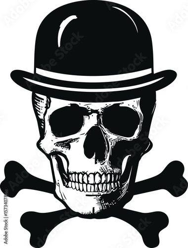 Skull and crossbones wearing a bowler hat in black and white illustration