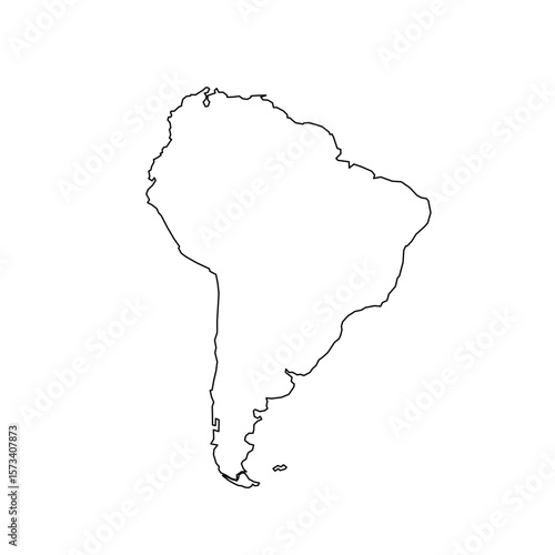 A clean silhouette outline of the South America continent map showcases its distinctive shape. This representation emphasizes geographical features and regional boundaries.
