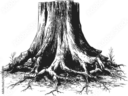 Illustration of a tree stump and roots in detailed black and white engraving style