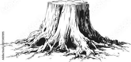 Large tree stump with detailed roots in black and white illustration style