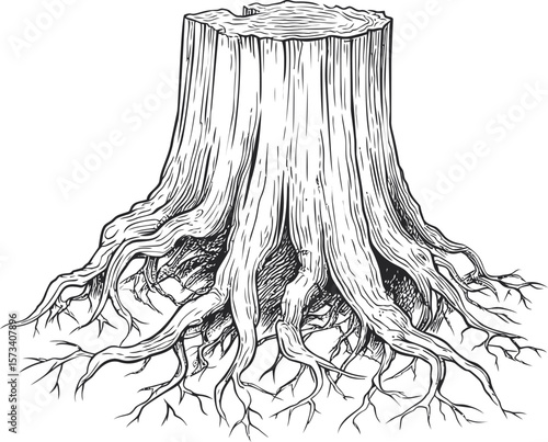 Detailed line art of a tree stump with intricate roots
