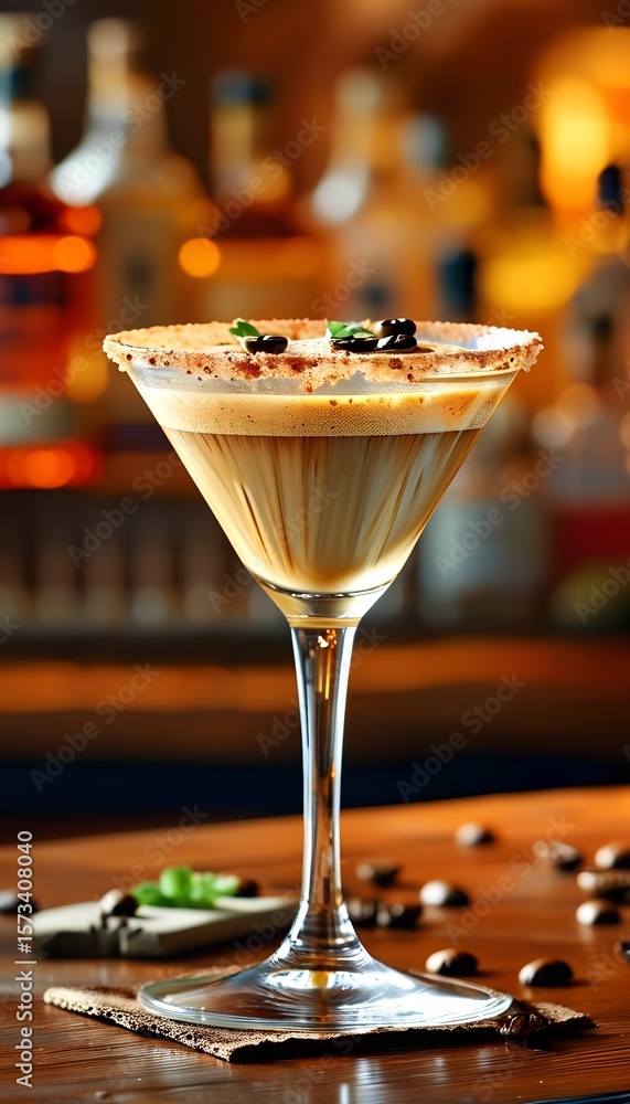 Obraz premium Delicious Coffee Martini Cocktail in a Martini Glass Garnished with Coffee Beans and a Mint Sprig
