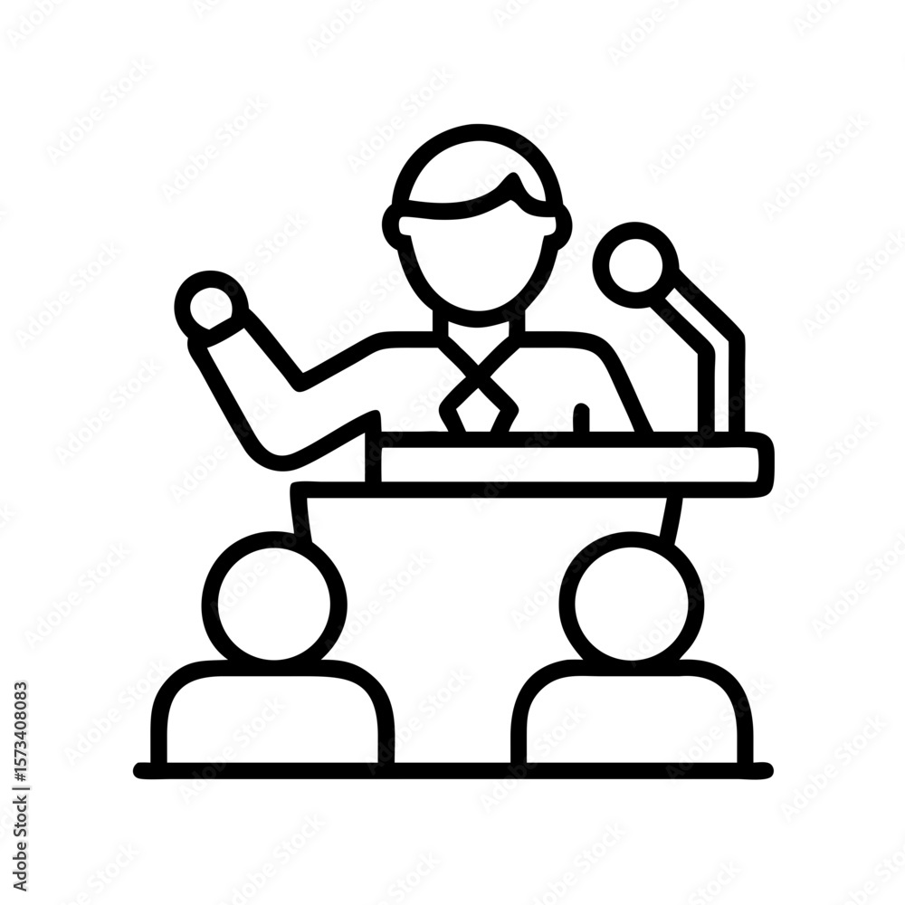 Speaker giving speech at podium before audience vector icon for presentation or conference on transparent background Speaker giving speech at podium before audience vector icon for presentation or conference on transparent background