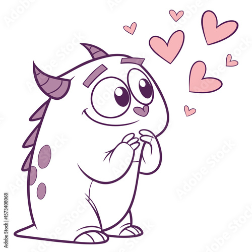 A cute fluffy purple and white cartoon monster with big eyes and horns is feeling love and happiness surrounded by pink hearts floating in the air