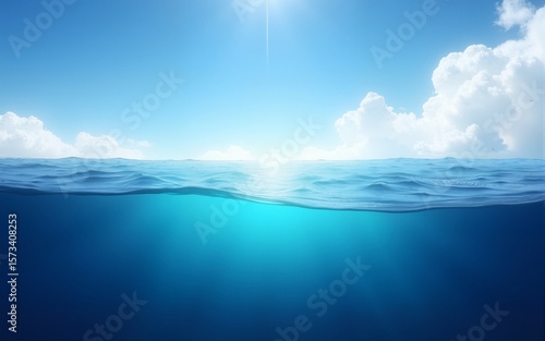Split view horizon of blue sky with clouds and deep blue underwater ocean. Breathtaking Oceanic Panorama - with copy space to insert ads. High quality