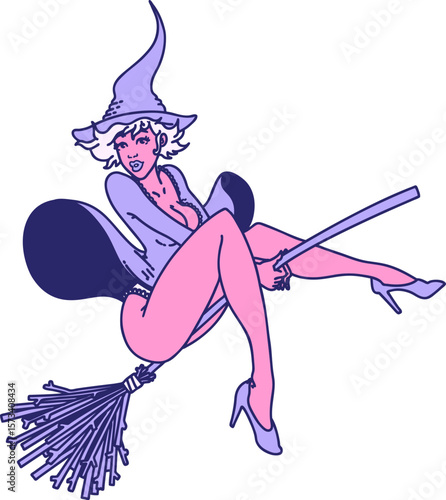 tattoo in traditional style of a pinup witch in bright neon color