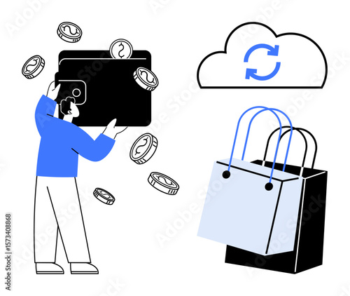 Man holding large wallet with coins falling around, cloud sync symbol, and shopping bags. Ideal for e-commerce, financial management, cloud storage, online shopping, digital transactions, economy