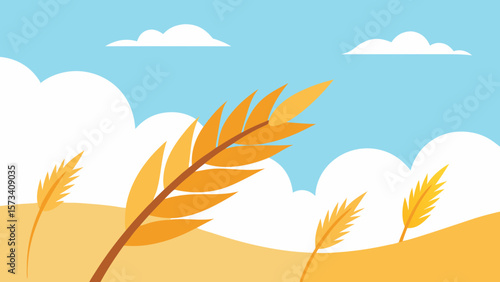 Golden wheat ears stand tall against a blue summer sky, a natural design illustrating the bounty of the field