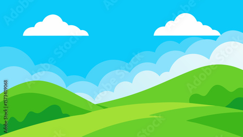 A vibrant summer landscape with green meadows, rolling hills, and majestic mountains under a blue sky with fluffy clouds