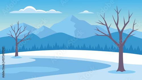 Winter landscape with snow-covered trees and mountains under a blue, frosty sky