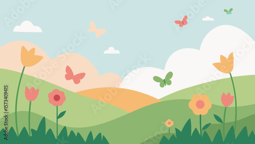 A vibrant vector illustration depicts a joyful spring landscape with green grass, blooming flowers, and a clear sky, perfect for an Easter background
