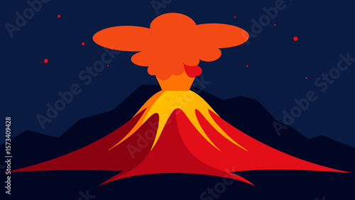 Cartoon vector illustration of a woman in a dress silhouetted against a beautiful night sky with a smoking volcano mountain