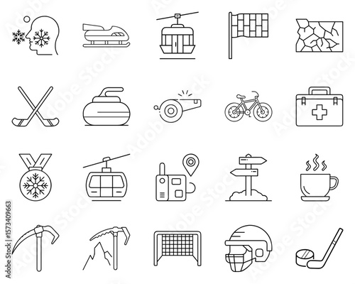 Winter sports vector icon set featuring activities and equipment