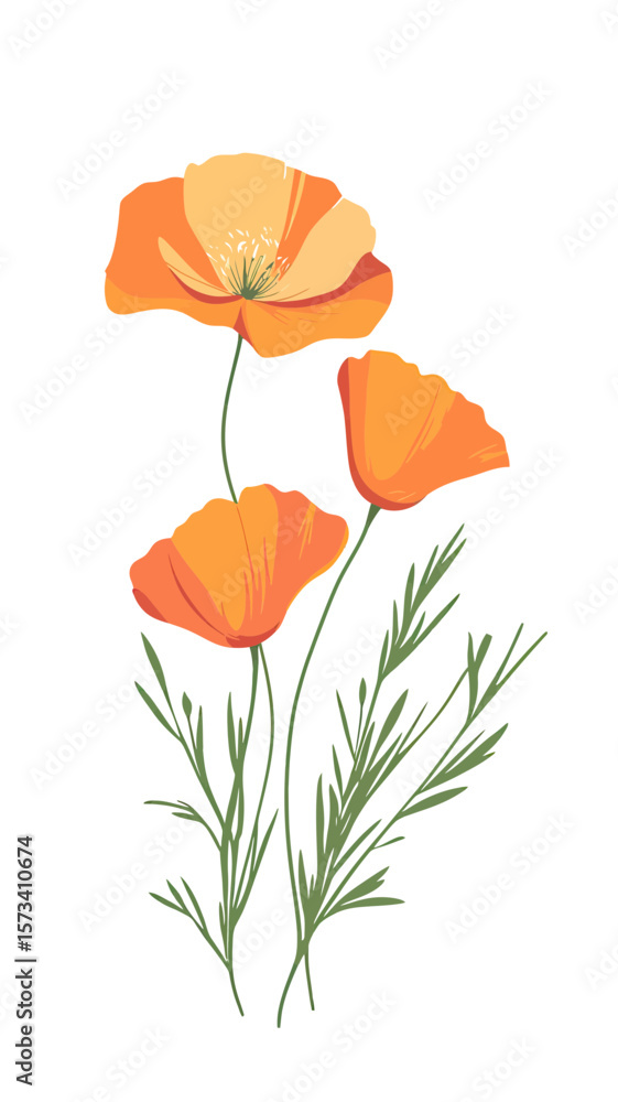 Naklejka premium Minimalist California poppy flower vector illustration with orange petals and green leaves on white background for botanical design and floral artwork