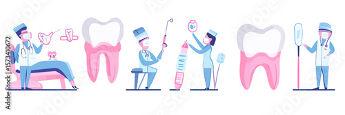 Dentist doctor and female medical staff performing dental treatment and oral care with large tooth illustrations in flat minimalist style vector