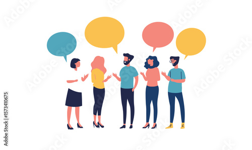 Group people diverse gender communicating with colorful speech bubbles conversation teamwork concept flat vector illustration minimalist style