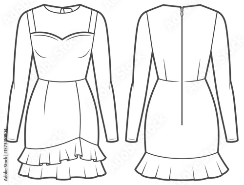 Ruffle hem mini dress technical flat sketch, long sleeve fitted design, sweetheart neckline, front and back view, apparel template illustration