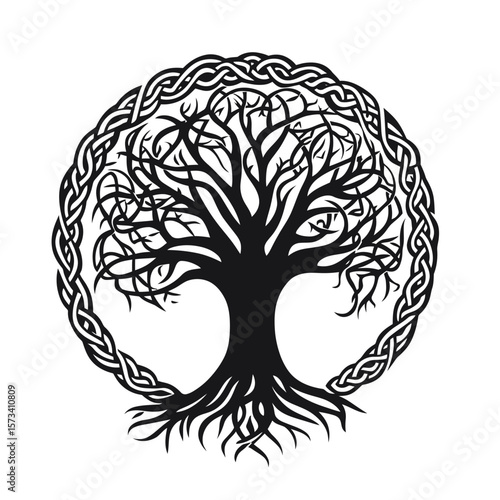 Black and white Celtic tree of life with intricate swirling branches and roots enclosed in a circular knotwork border vector illustration