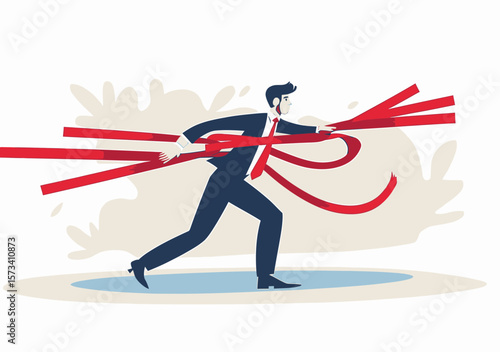 Businessman running while tied with multiple red tape strips symbolizing career obstacles limitation and professional struggle to achieve success concept in flat vector style