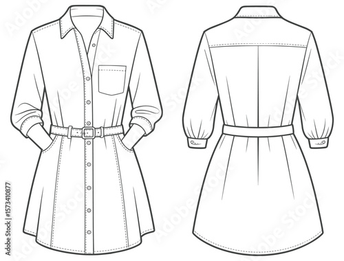 Shirt dress technical flat sketch, front and back view, long sleeve belted dress design, fashion CAD drawing, apparel template illustration