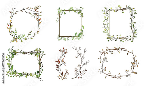 Set of six hand drawn botanical frames with various green and brown leaves and branches in minimalist watercolor style for decorative borders design elements