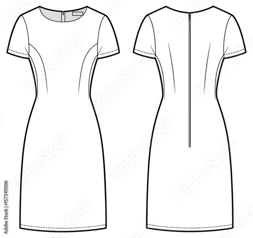 Fashion technical sketch of women’s fitted sheath dress with short sleeves, back zipper, clean minimalist front and back flat drawing
