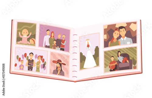 Family photo album. Old photographs. Photography with happy people. Good memory. Vector illustration in cartoon style
