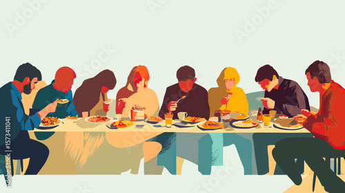 Group of diverse people eating dinner together at table enjoying meal and social gathering in flat minimalist vector style illustration